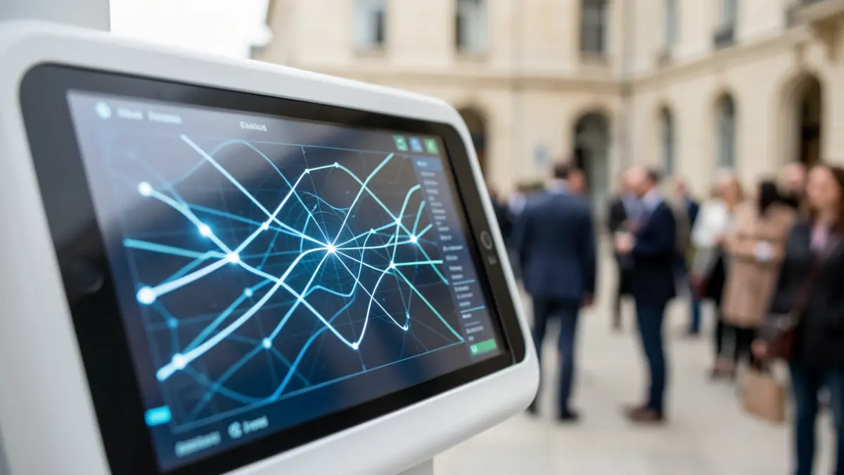 Image générique d'une interface d'intelligence artificielle analysant des données médicales, avec des éléments architecturaux de style francilien en arrière-plan.
