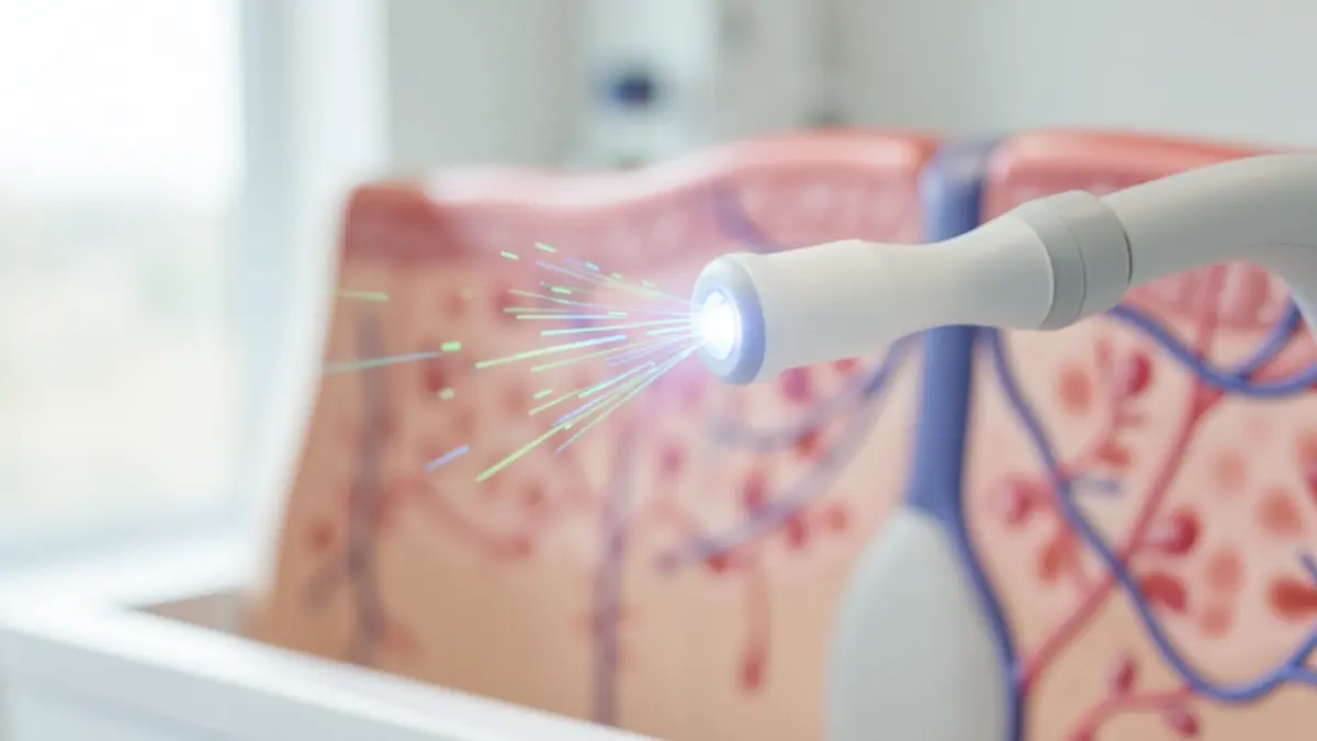 Image générique de technologie médicale, représentant une sonde échographique et des ondes sonores dans un environnement clinique.