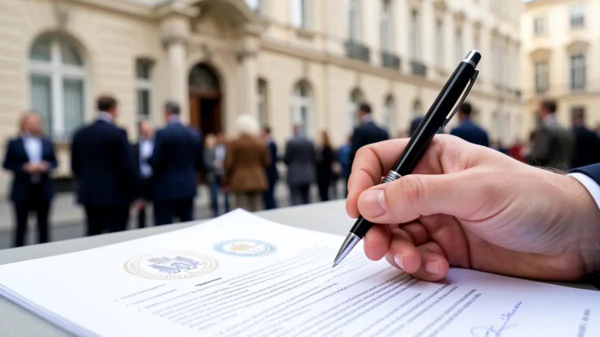 Image générique de documents officiels et d'une main prête à signer.