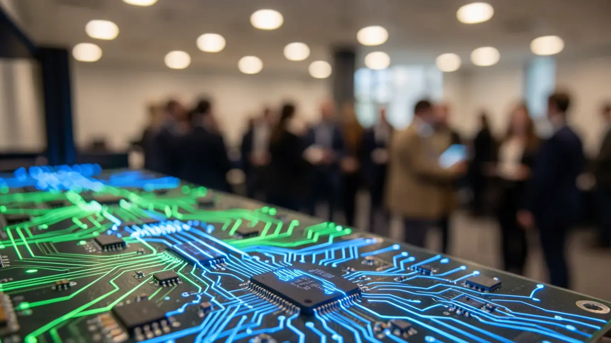 Image générique d'une carte de circuit imprimé avec des lignes bleues et vertes lumineuses représentant le flux de données, évocation abstraite de l'intelligence artificielle et de la science des données.