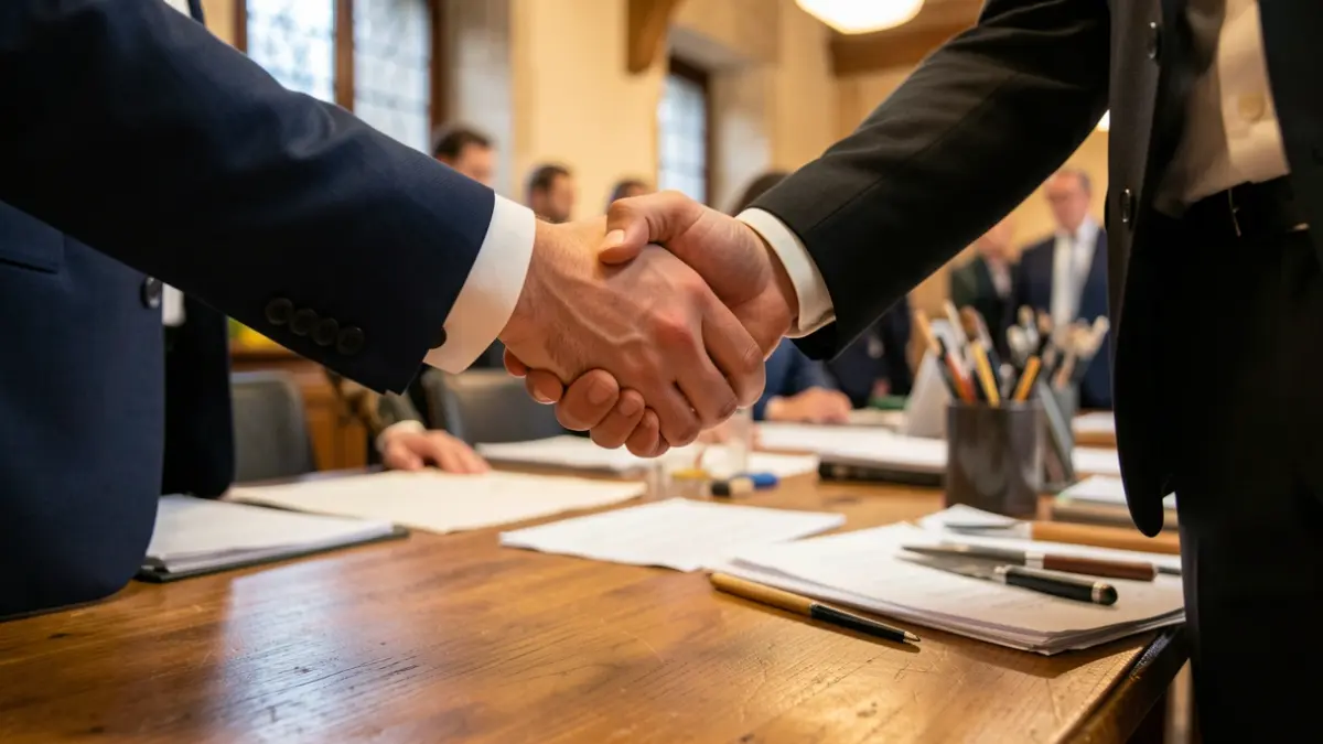Handshake between two artisans in front of a desk with tools and documents.