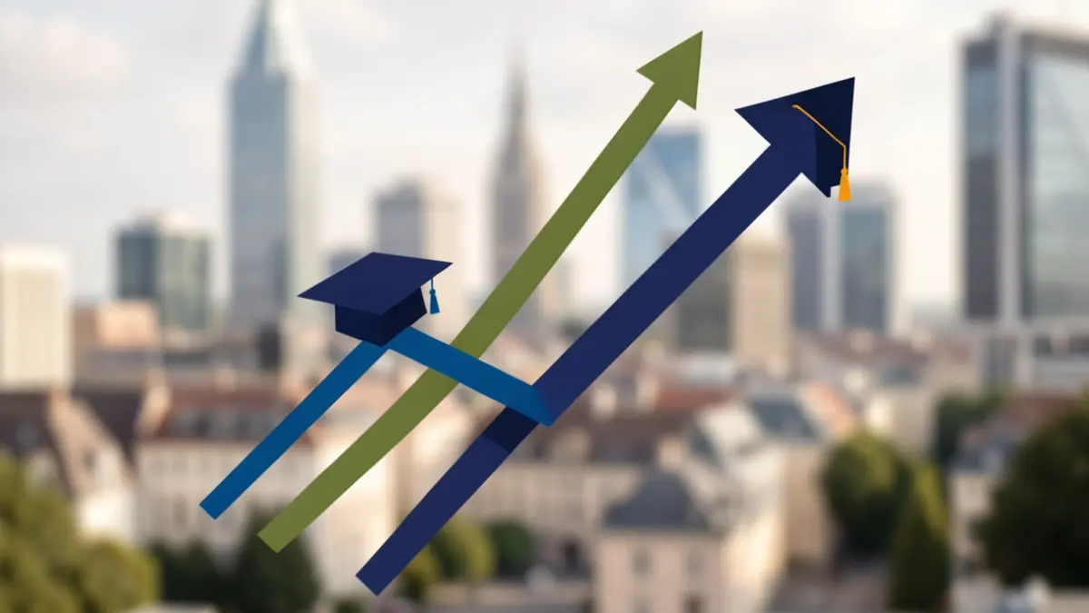 Image générique de chapeaux de diplômés stylisés et de graphiques ascendants sur fond de paysage urbain moderne.