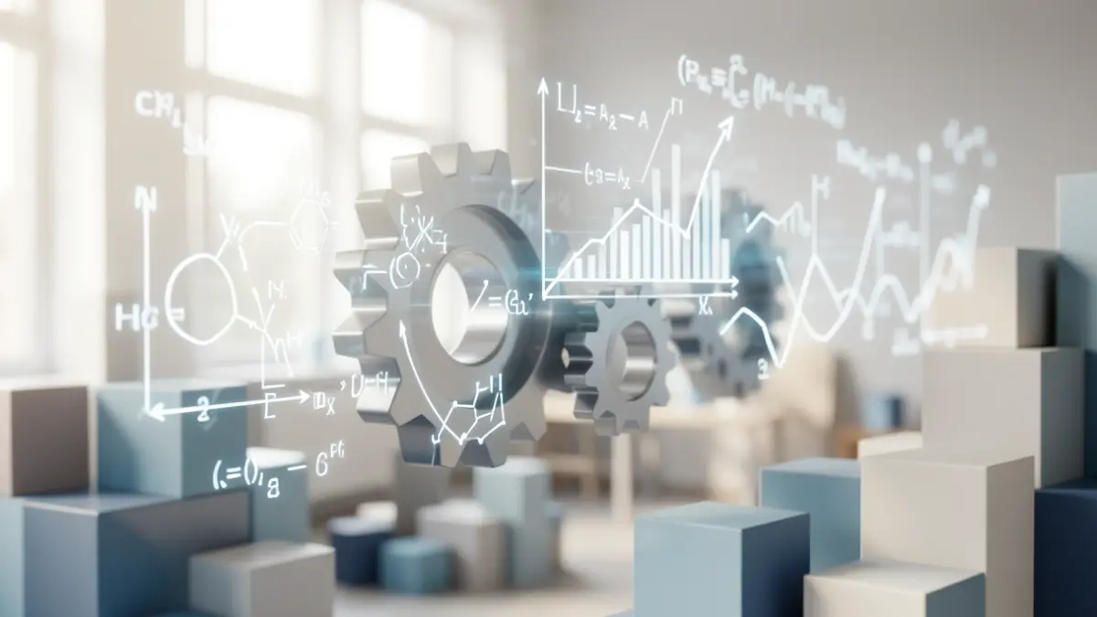 Generic image representing the circulation of scientific knowledge and industrial innovation, with blurred scientific formulas and graphs merging into gears and abstract blocks.