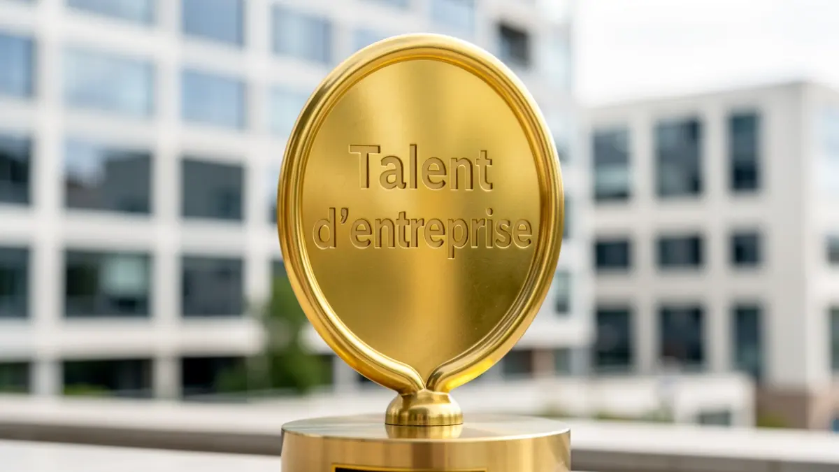 Image générique d'un trophée d'entreprise sur fond flou d'immeubles de bureaux.
