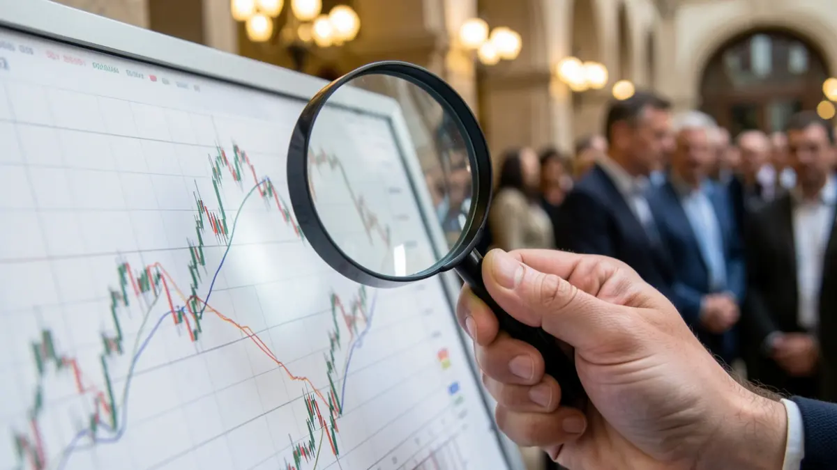 Generic image of economic charts with a magnifying glass, in a Mediterranean office context.
