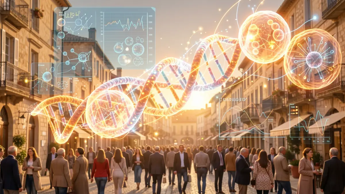 Image générique de structures cellulaires lumineuses et de visualisations de données scientifiques, avec une hélice d'ADN stylisée.