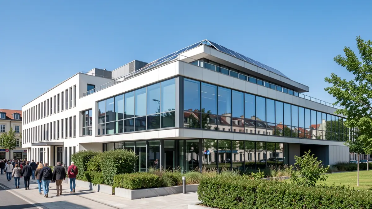 Image générique d'une façade d'immeuble de bureaux moderne en France, avec des fenêtres larges et un ciel bleu.