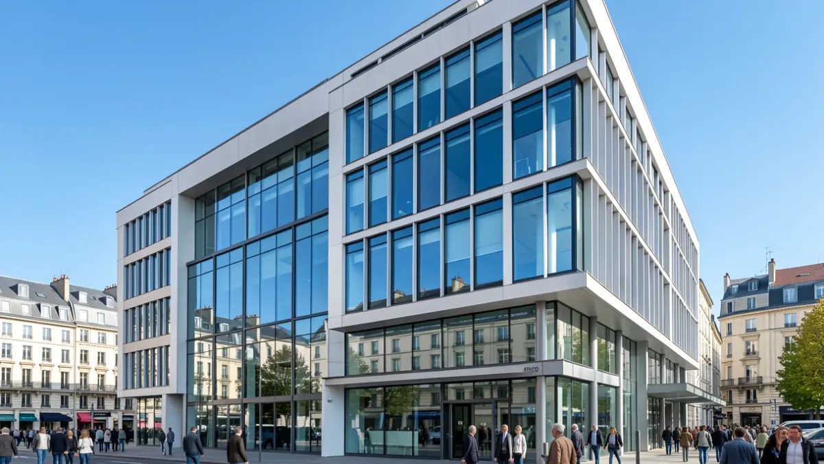 Image générique d'une façade de bâtiment de bureaux moderne en France, avec de grandes fenêtres reflétant un ciel bleu clair.