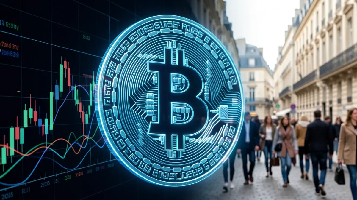 Image générique de symboles de crypto-actifs numériques sur fond sombre avec des graphiques financiers abstraits.