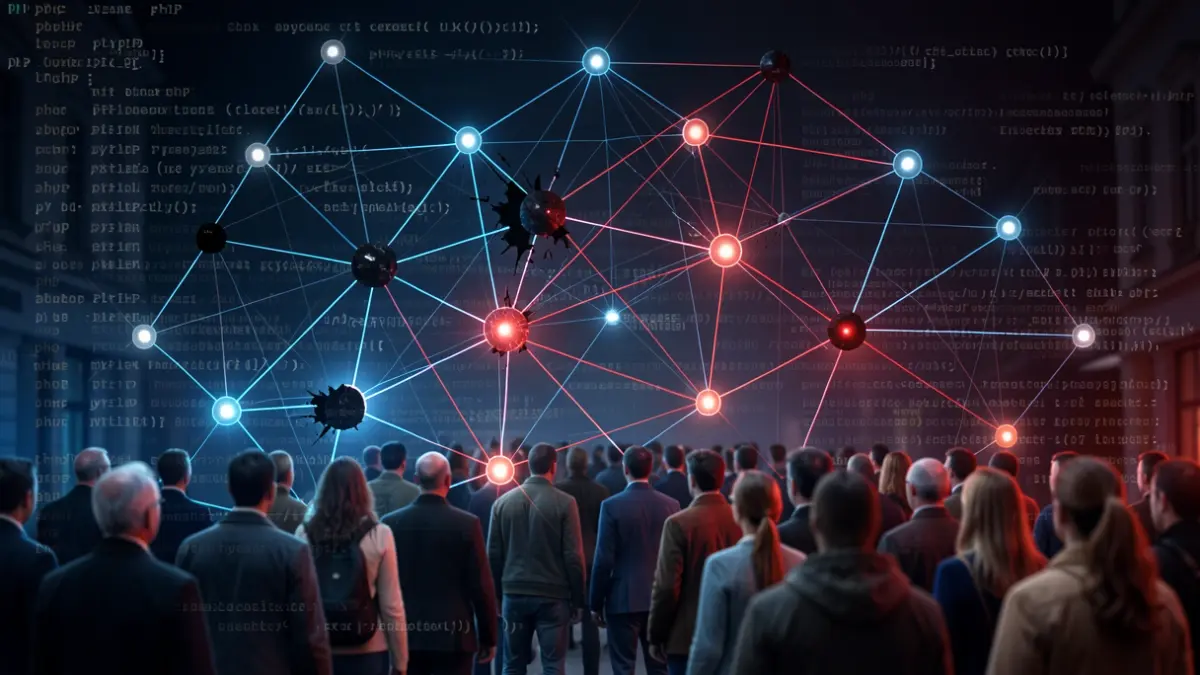 Image générique d'un réseau numérique fragmenté avec des nœuds sombres, symbolisant une cyberattaque. Code informatique en surimpression.