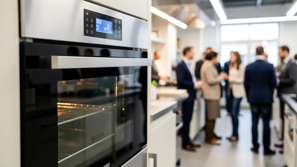 Close-up of a modern electric oven with a digital display, symbolizing energy efficiency and technological advancement in a professional kitchen setting. Soft, clean lighting.