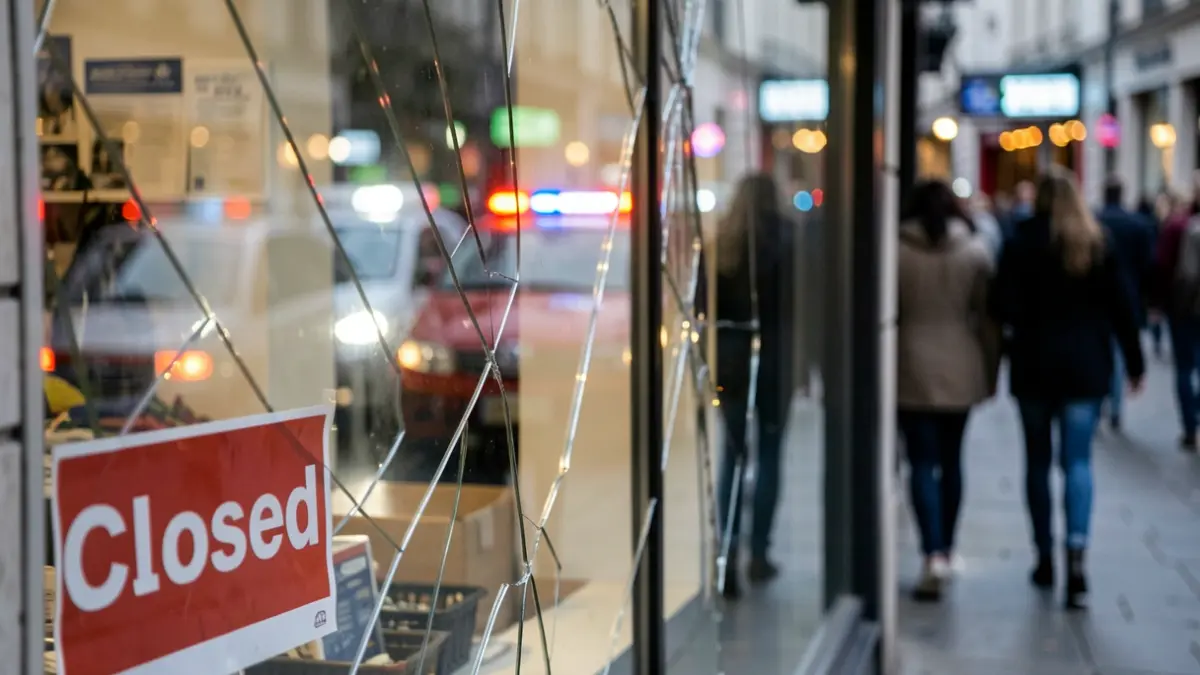 Generic image of a damaged shop window with a 'Closed' sign, reflecting blurred streetlights and emergency lights.