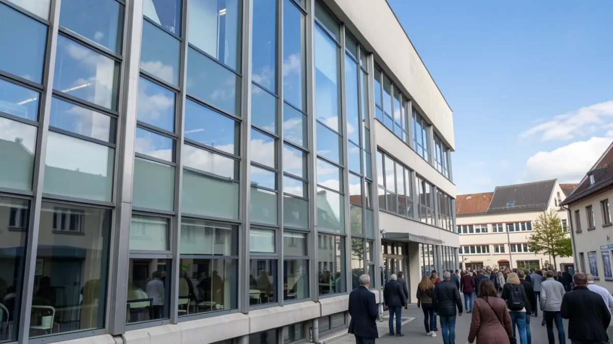 Image générique d'une façade d'institut de recherche moderne avec de grandes fenêtres reflétant un ciel bleu, située dans la région Auvergne-Rhône-Alpes.