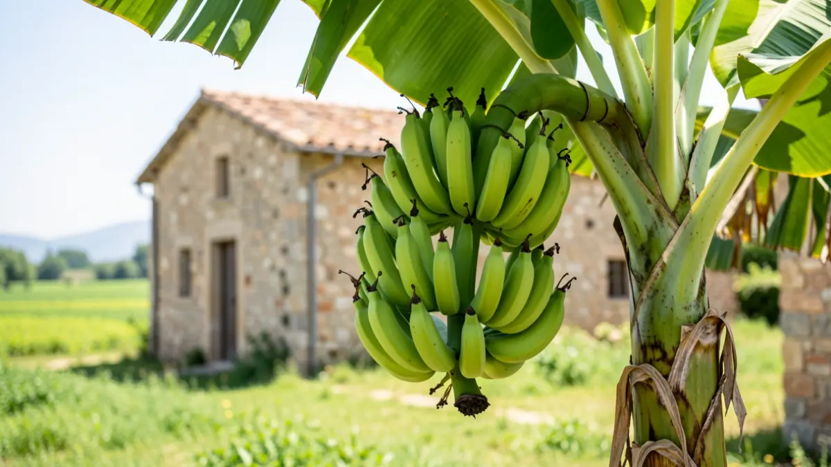 Banana plant with green banana bunches in a sunny field in the South region.