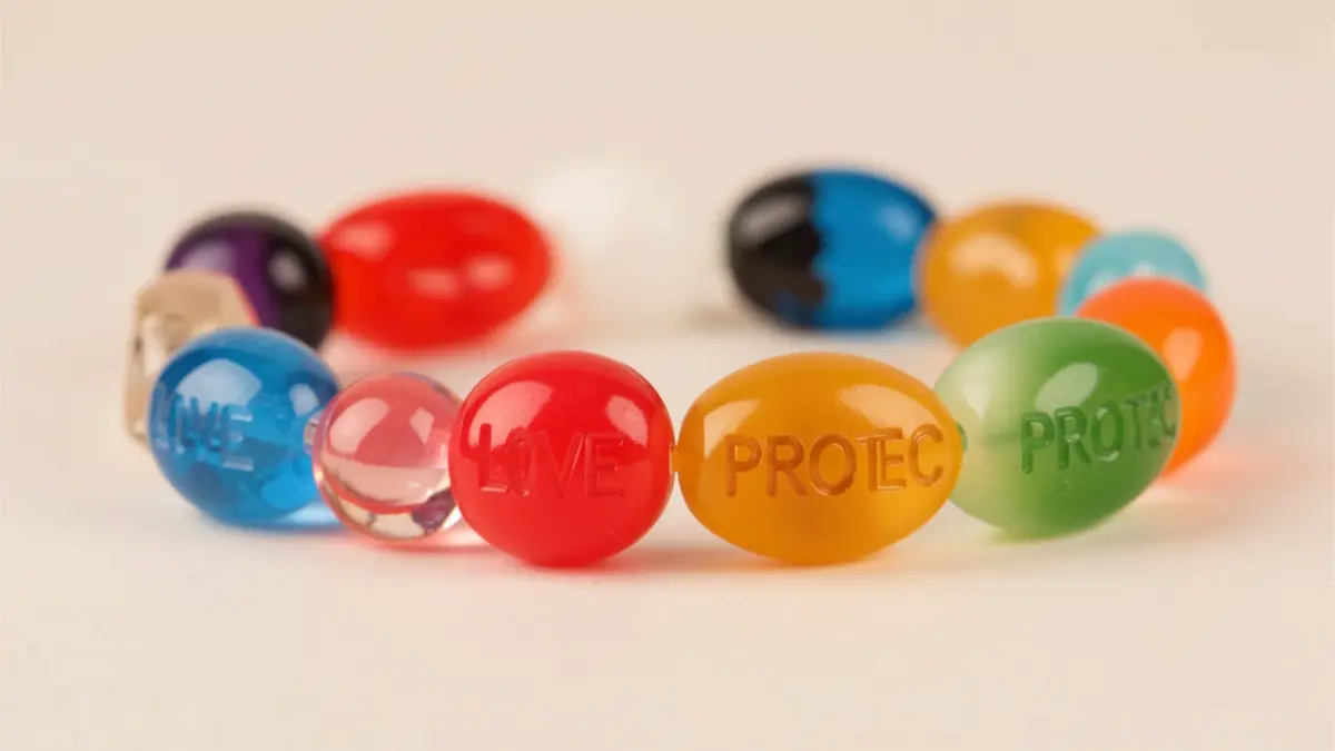 Image générique de bijoux colorés en résine faits main avec des inscriptions.