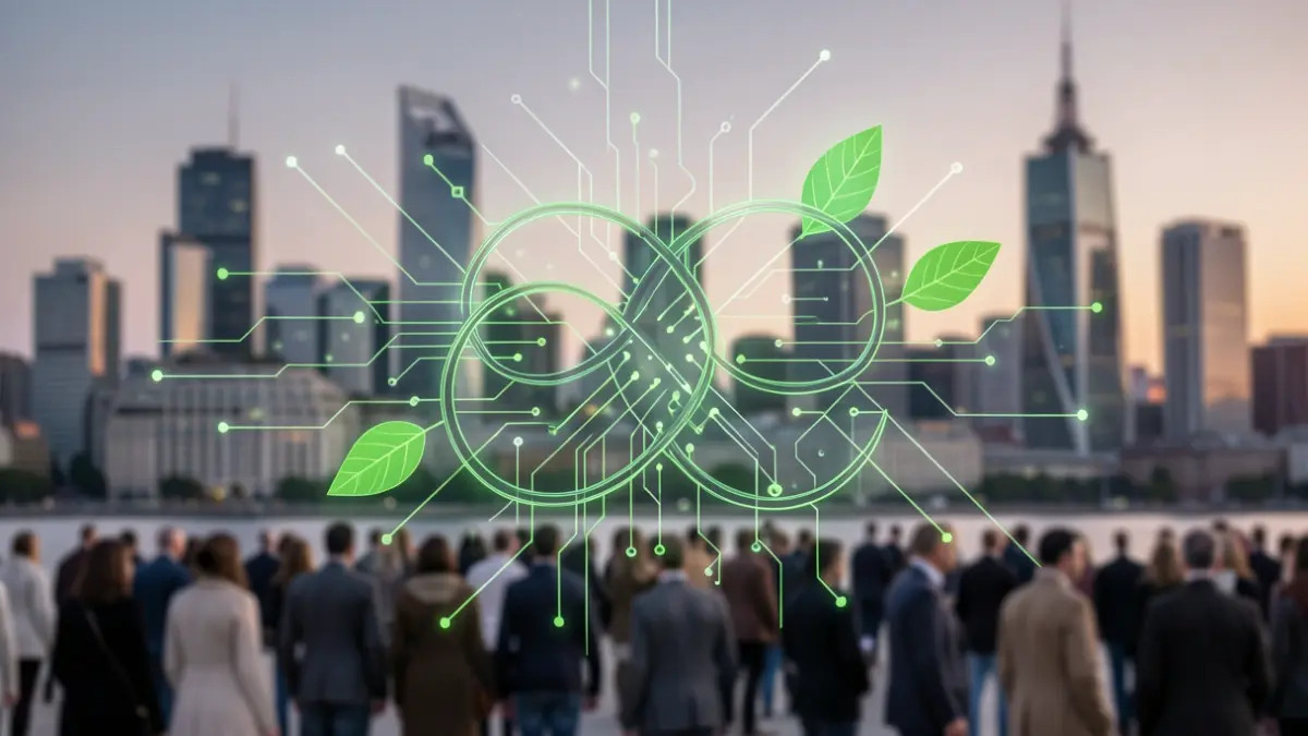 Image générique de circuits électroniques stylisés avec des éléments végétaux verts, sur fond de paysage urbain européen au crépuscule.