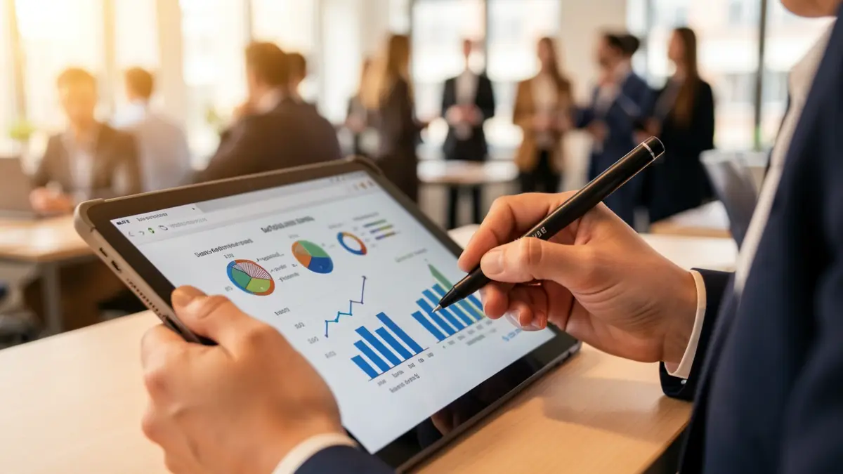 Generic image of a woman working on a tablet with financial charts.