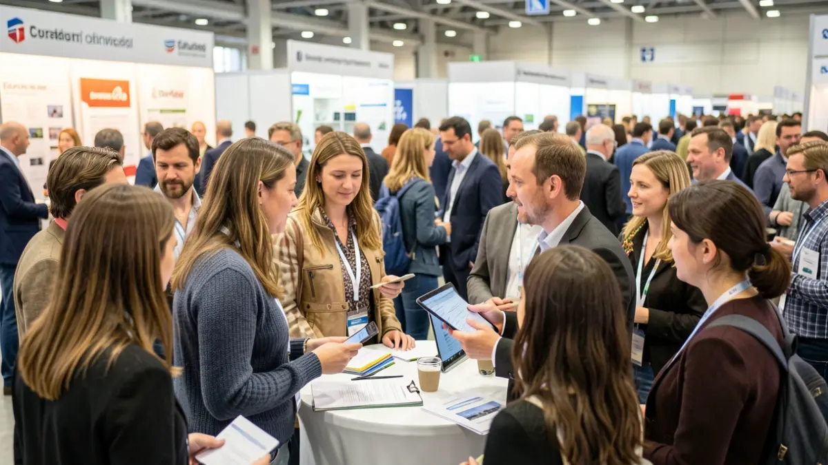 Generic image of a job fair with recruiters and candidates exchanging information.