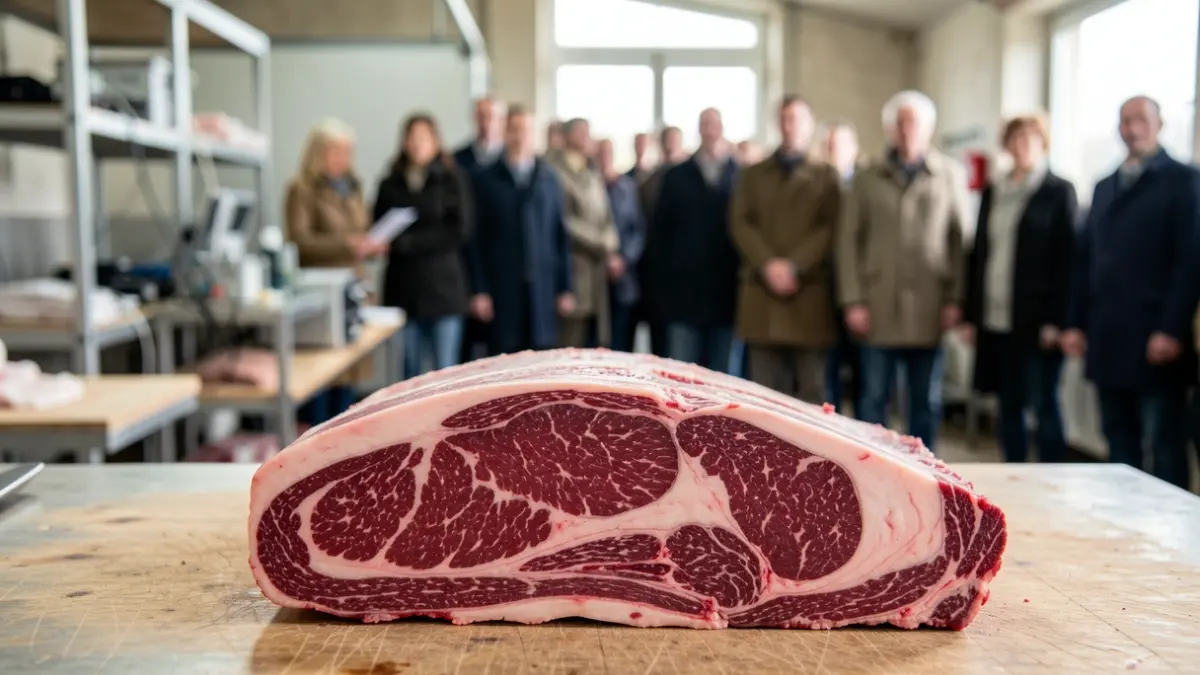 Close-up of a beef carcass with marbling visible, on a butcher's table, with a blurred background of a farm or laboratory setting.