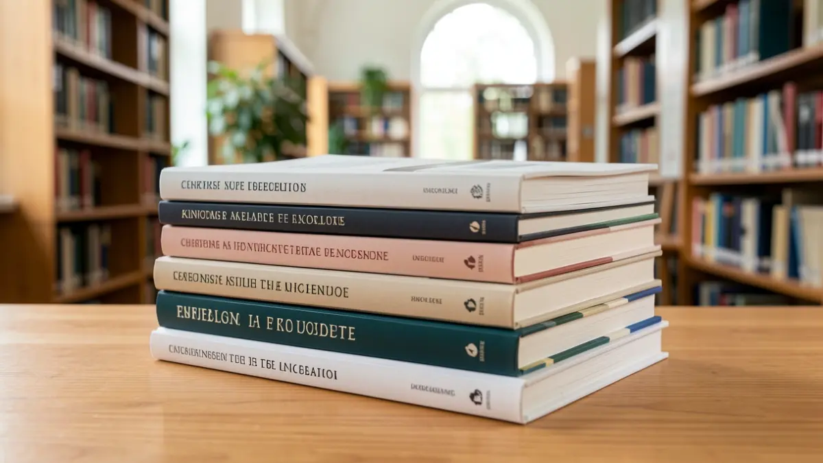 Image générique de livres et revues académiques sur un bureau.