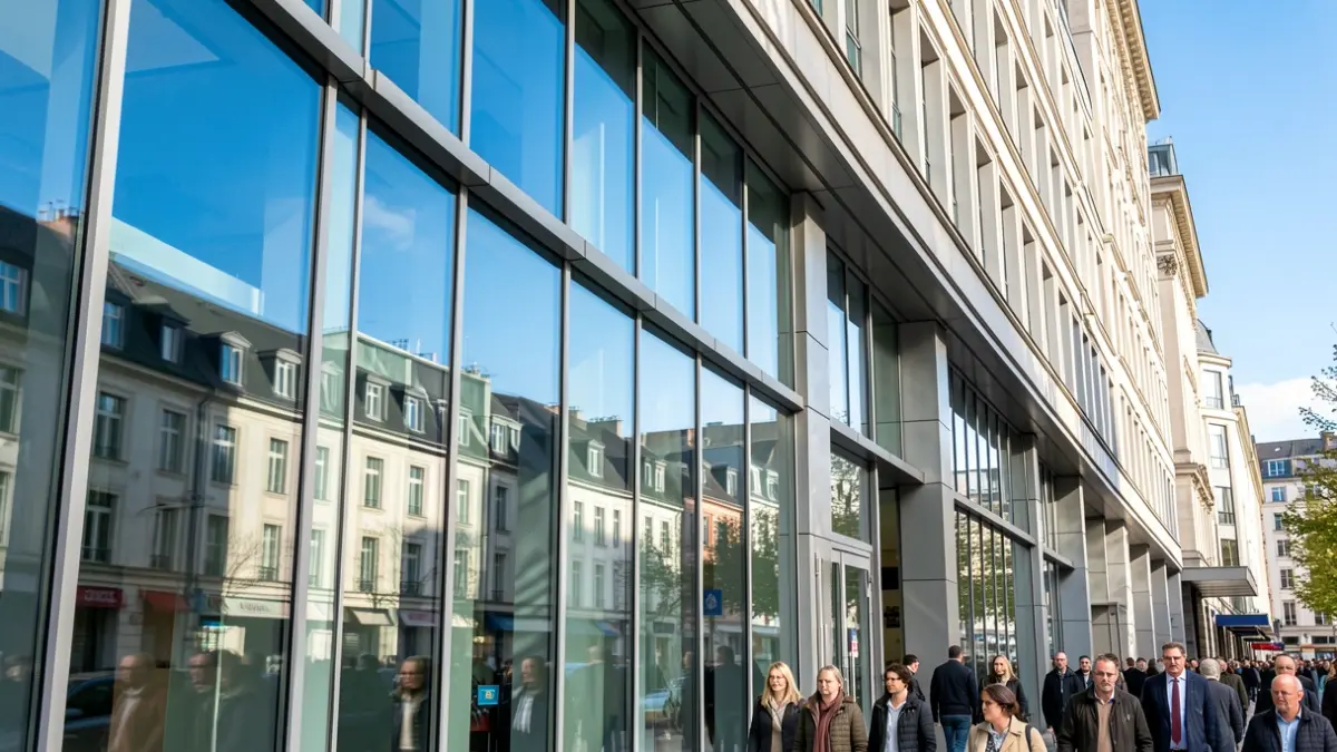 Image générique d'une façade de bâtiment moderne avec de grandes fenêtres reflétant le ciel bleu.