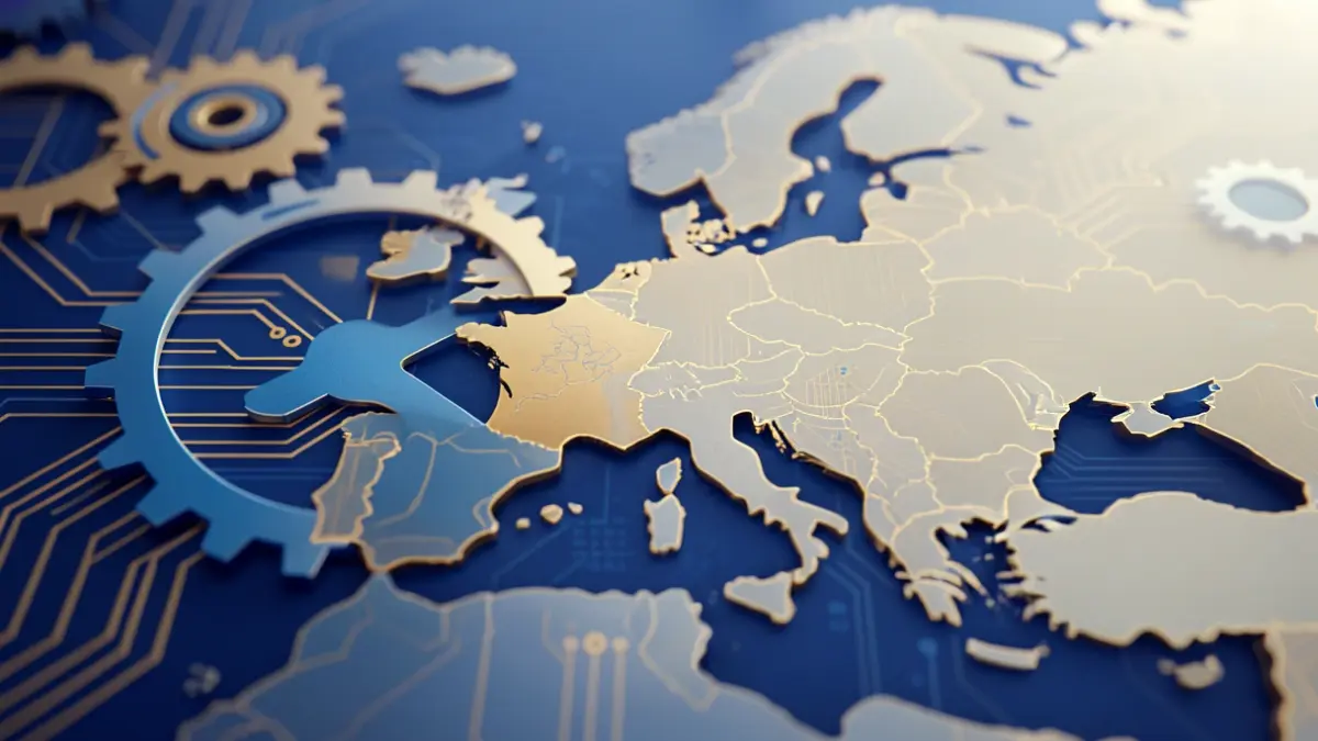 Image générique de rouages stylisés et de circuits bleus et dorés sur fond abstrait, évoquant l'innovation et l'industrie européennes.