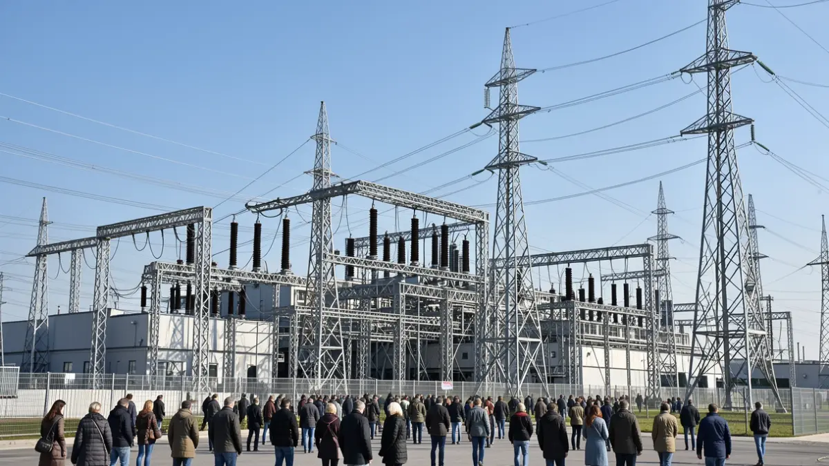 Image générique de la zone industrielle de Fos-Lavéra avec des infrastructures électriques.
