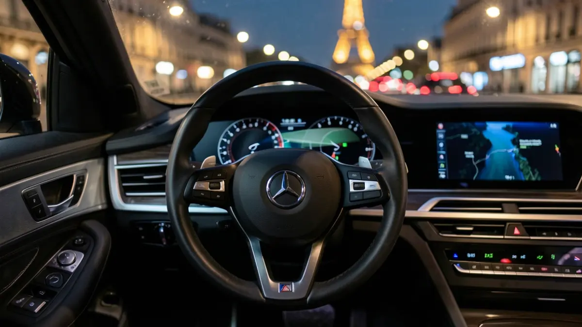 Image générique d'un volant de voiture haut de gamme avec des lumières de ville floues à travers le pare-brise.