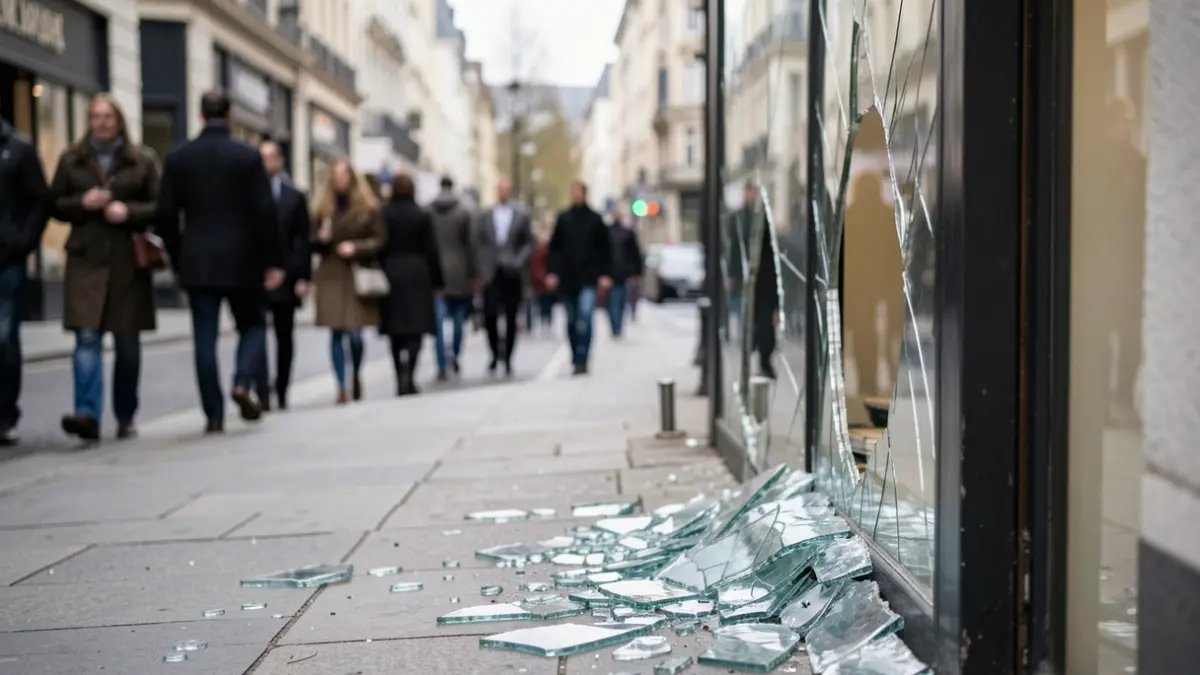 Image générique d'une vitrine de magasin brisée avec des débris sur le trottoir, rue de ville floue en arrière-plan.