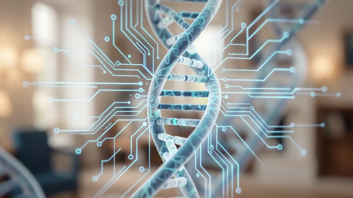 DNA helix intertwined with abstract digital circuits, symbolizing biotechnology and innovation.