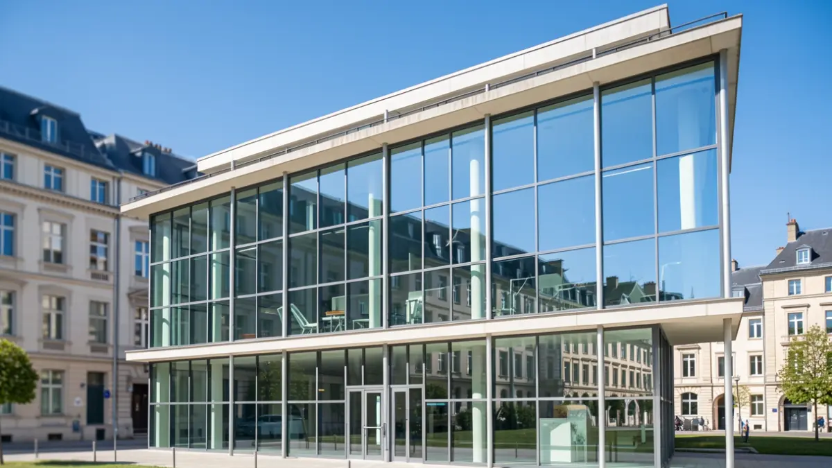 Image générique d'une façade d'université moderne dans le style architectural de l'Île-de-France, avec de grandes fenêtres en verre reflétant un ciel bleu clair.