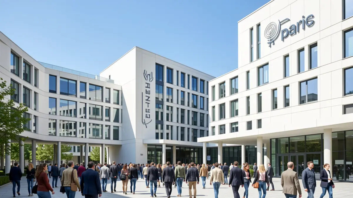 Generic image of modern university campus buildings with clean architecture, bright daylight, clear blue sky, focused on innovation and entrepreneurship.