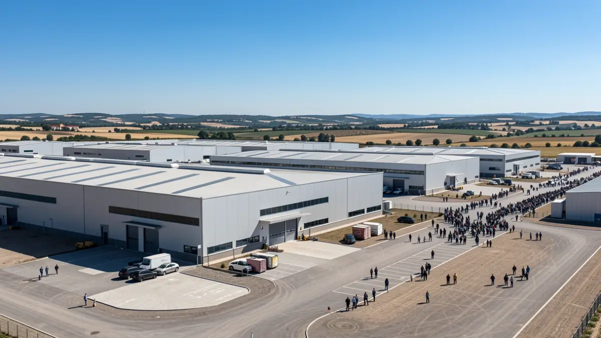 Image générique d'un parc industriel moderne avec de grands entrepôts sous un ciel bleu.
