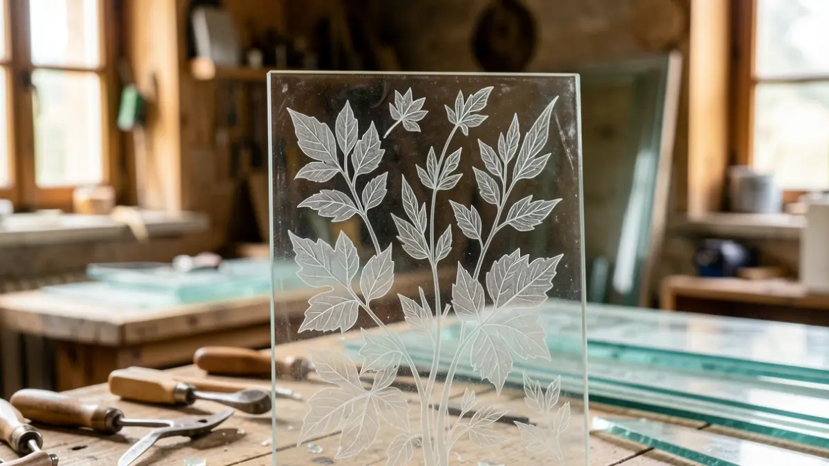 Image générique d'une assiette en verre décorée de motifs végétaux, dans un atelier artisanal.