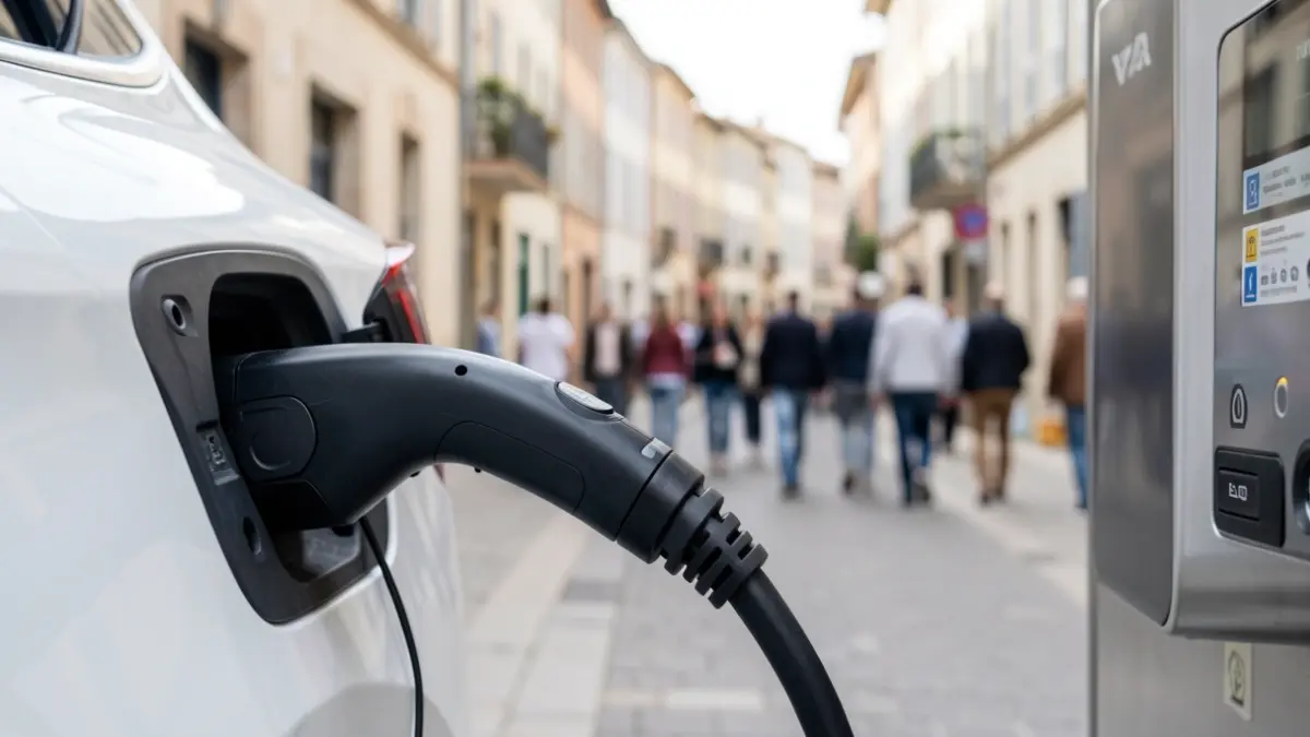Generic image of an electric car charging cable plugged into a station, with a blurred background of an urban street.