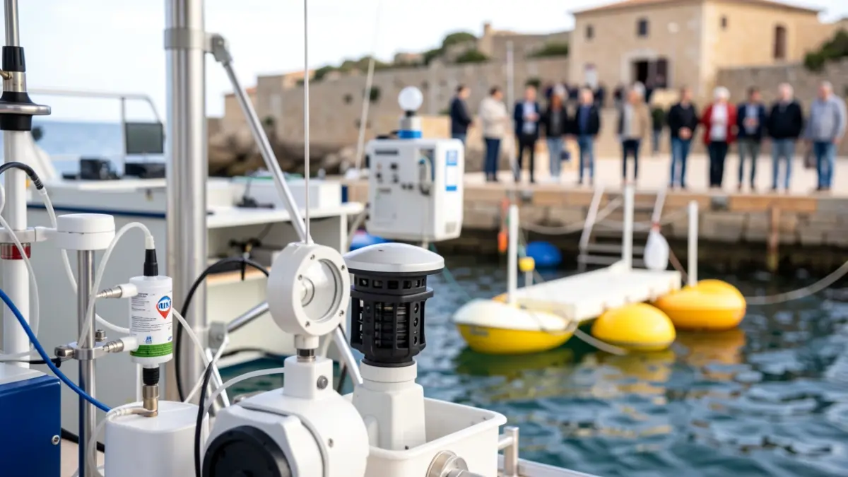 Generic image of scientific equipment for marine environmental monitoring, including atmospheric detection sensors and floating buoys.