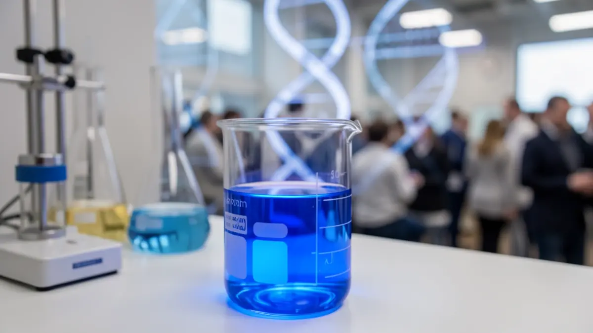 Image générique de matériel de laboratoire et d'une hélice d'ADN stylisée, symbolisant l'innovation en biotechnologie.