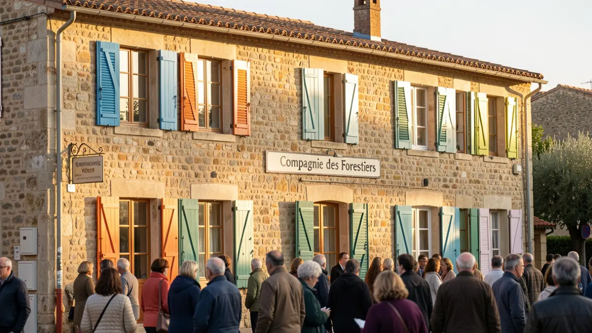Façade d'un bâtiment en pierre de la Compagnie des Forestiers à Lambesc.