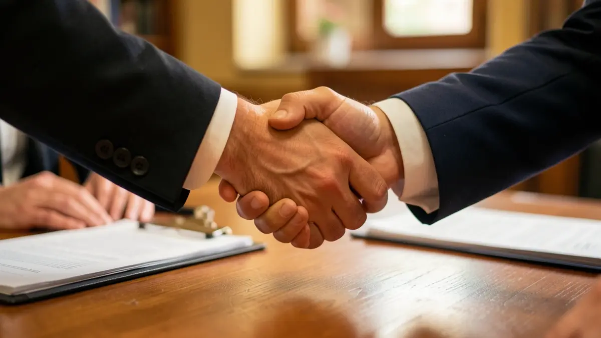 Generic image of hands shaking over a desk with paperwork, in a warm office atmosphere.