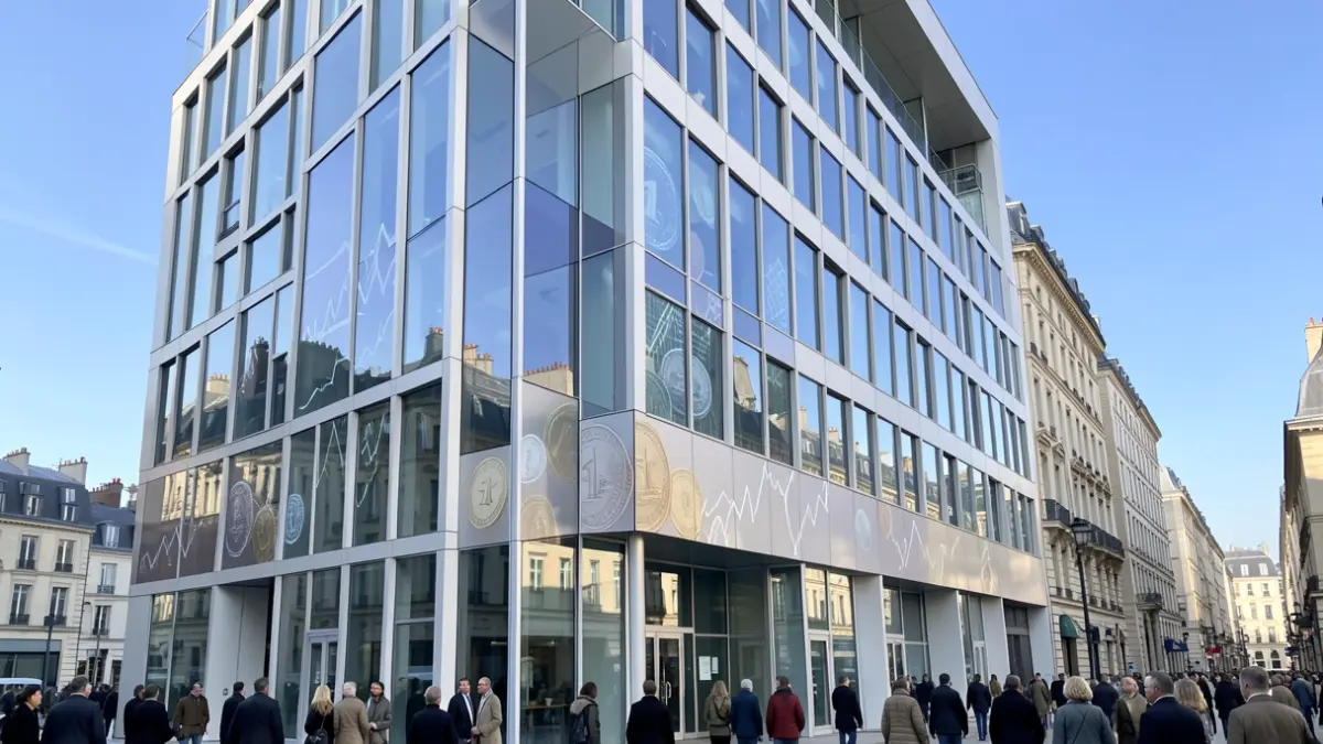 Image générique d'une façade d'immeuble de bureaux moderne en France, avec des lignes épurées et de grandes fenêtres.