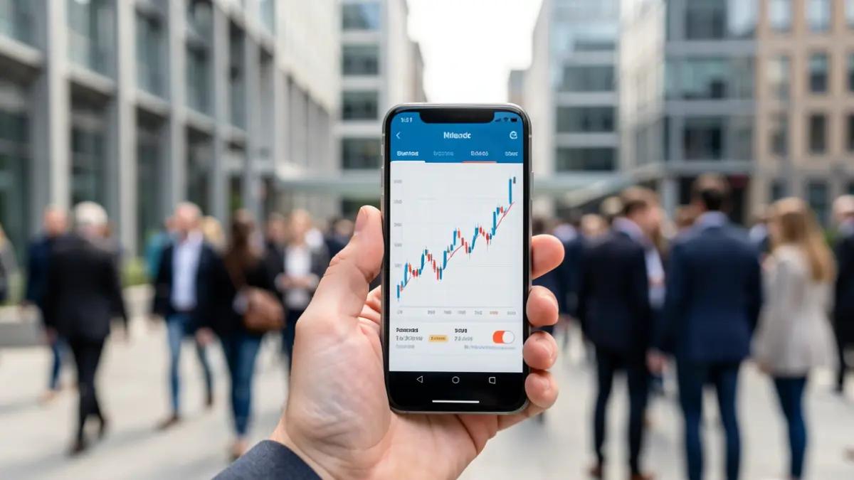 Generic image of a hand holding a smartphone displaying a financial graph, with blurred office buildings in the background.
