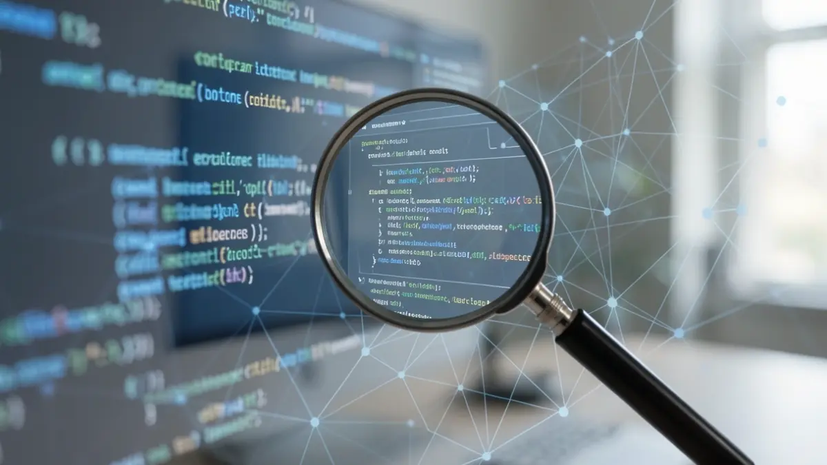 Image générique de lignes de code et de nœuds de réseau abstraits, avec une loupe se concentrant sur une interface numérique.