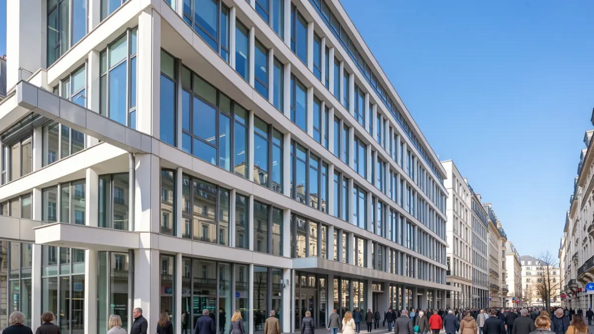 Generic image of a modern office building facade in France, with large windows and a blue sky.