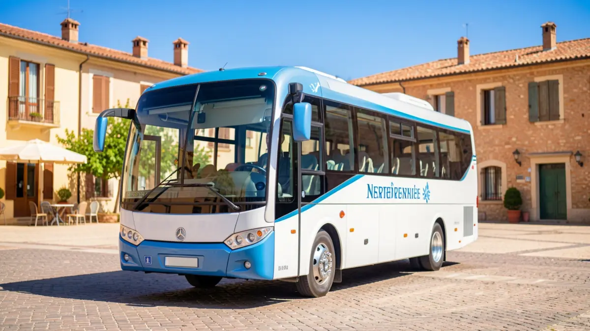 Entrepreneurship Bus parked in a public square in the South of France, with Mediterranean architecture.