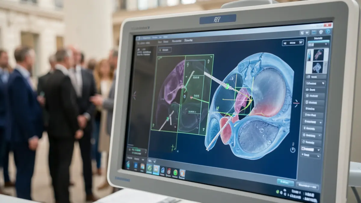 Image générique d'un écran de système de navigation chirurgical affichant des scans anatomiques en 3D.