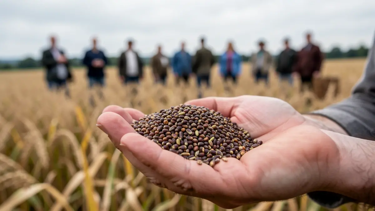 Sorghum grains in a hand, blurred European field in the background.