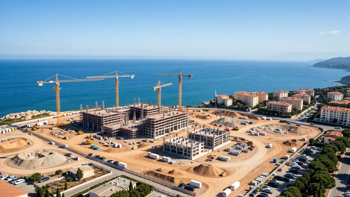 Aerial view of a large shipyard construction site on the coast of Provence-Alpes-Côte d'Azur.