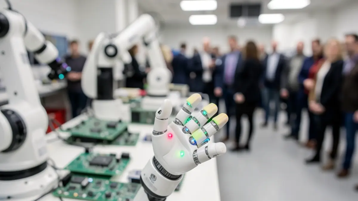 Image générique d'un doigt robotique souple avec capteurs tactiles, dans un laboratoire.