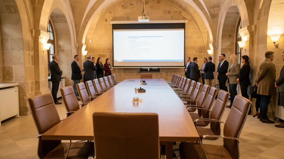 Generic image of a meeting room with a table and chairs, in a South-Western architectural style.