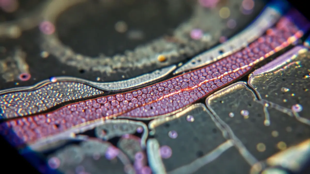 Polycrystalline silicon grains showing metal-dielectric interfaces, viewed under a microscope.